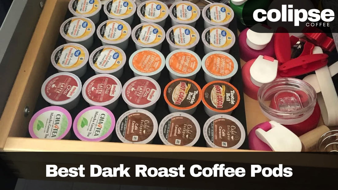 Collection of coffee pods in a drawer with 'Colipse Coffee' branding.