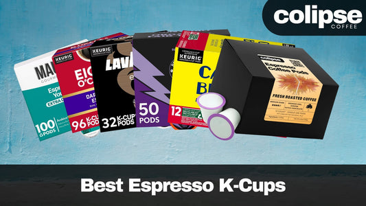 Collection of various coffee K-Cup packages with Colipse Coffee branding on a blue background.