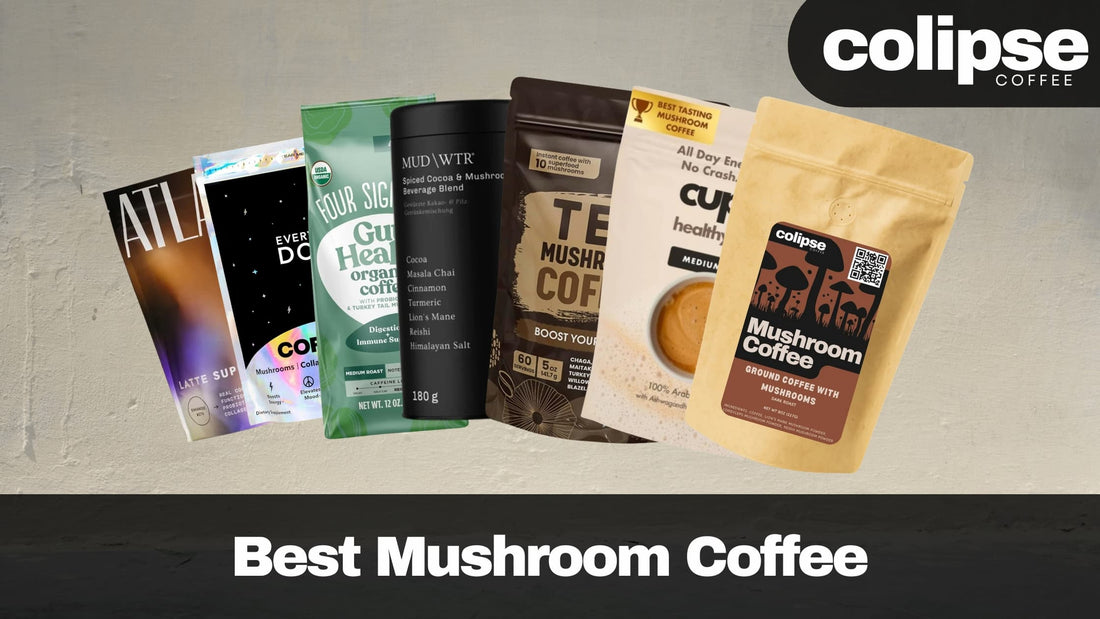 Collection of mushroom coffee packages with 'Colipse Coffee' branding on a neutral background.