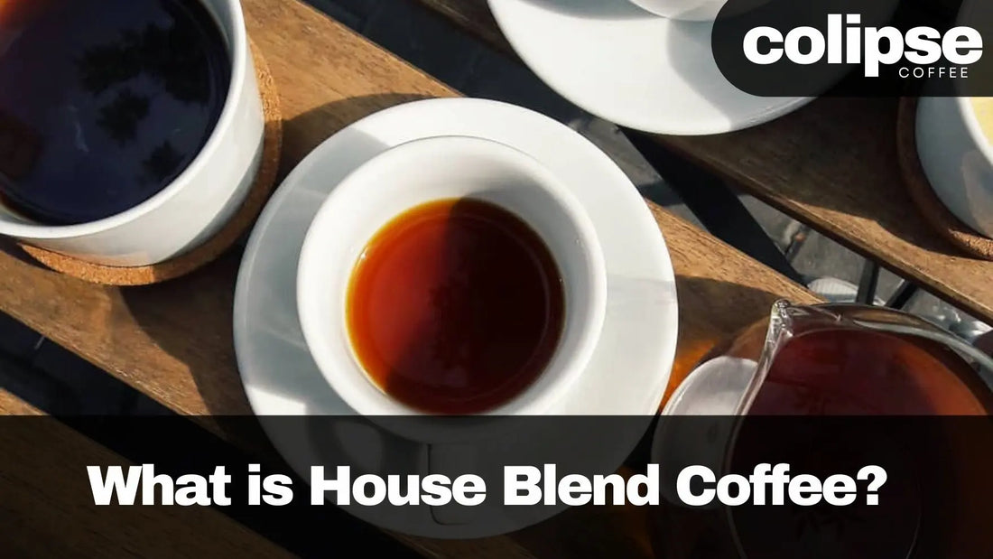 Several cups of black house blend coffee and a glass coffee pot.