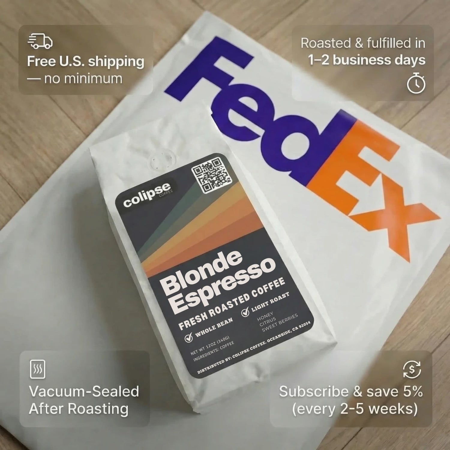 Colipse Blonde Espresso coffee package on a FedEx envelope with promotional text.