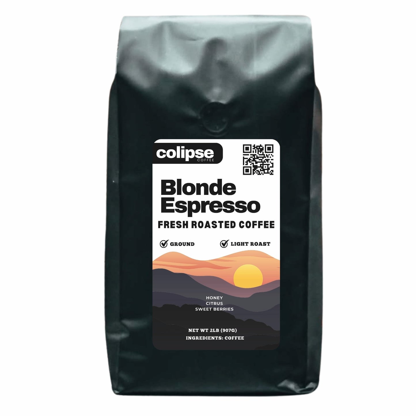 A bag of Colipse brand Espresso blonde coffee, indicating fresh roasted coffee with a QR code and dark roast designation on the packaging.