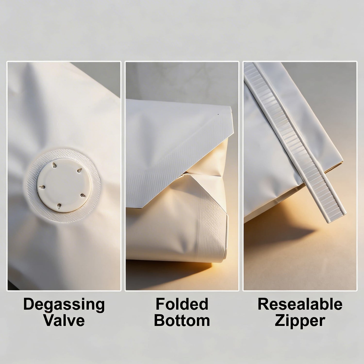 Close-up of a white bag with degassing valve, folded bottom, and resealable zipper on a light gray background.