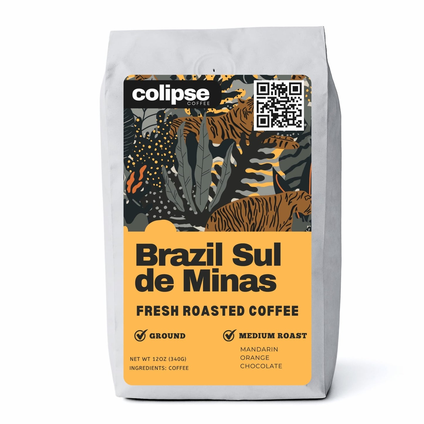 A bag of Colipse Brazil coffee grounds, smooth and nutty.
