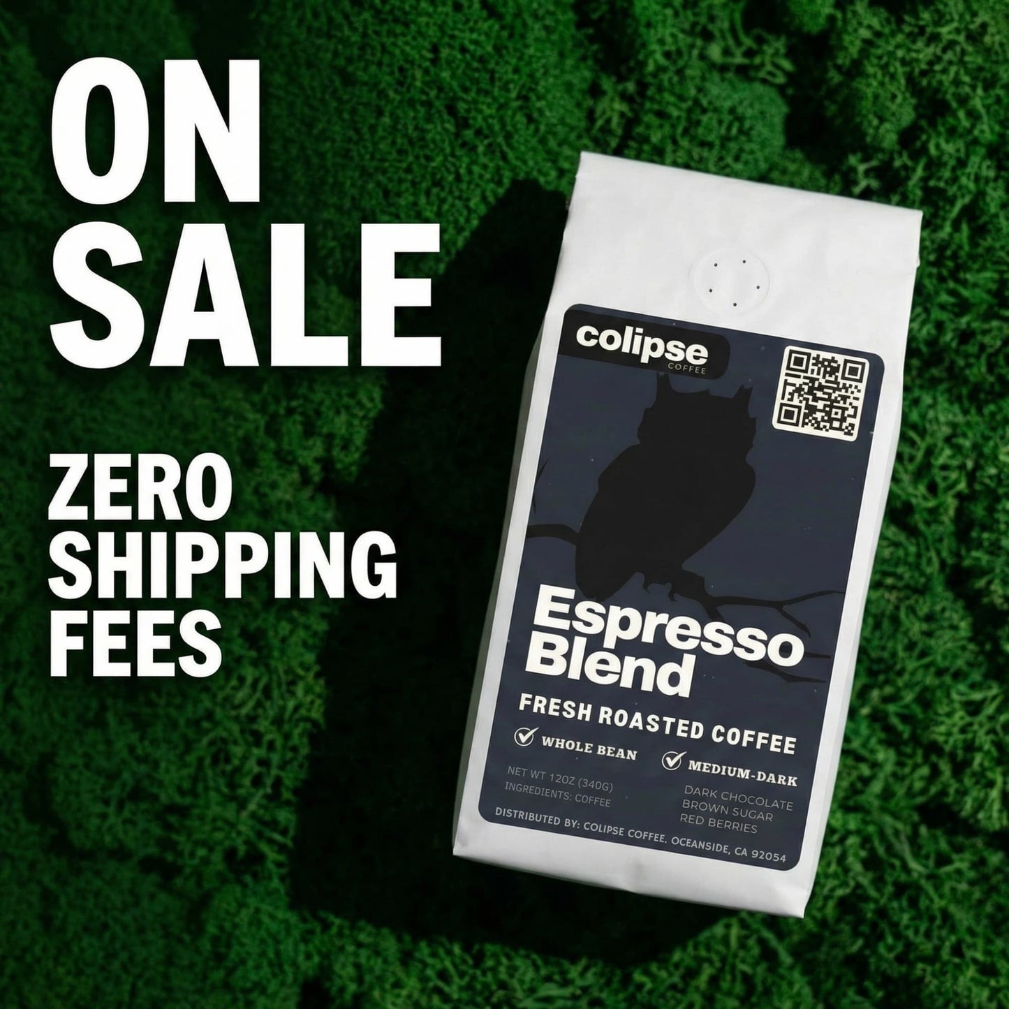 Colipse Espresso Blend coffee package on a green textured background with promotional text.