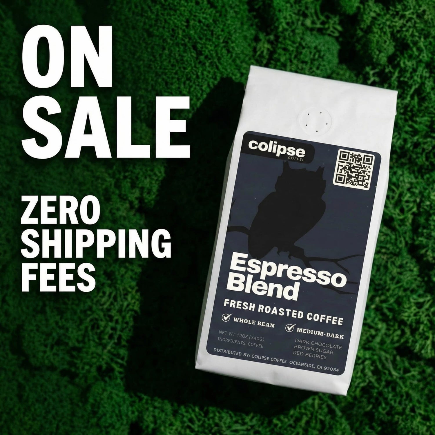 Colipse Espresso Blend coffee package on a green textured background with promotional text.