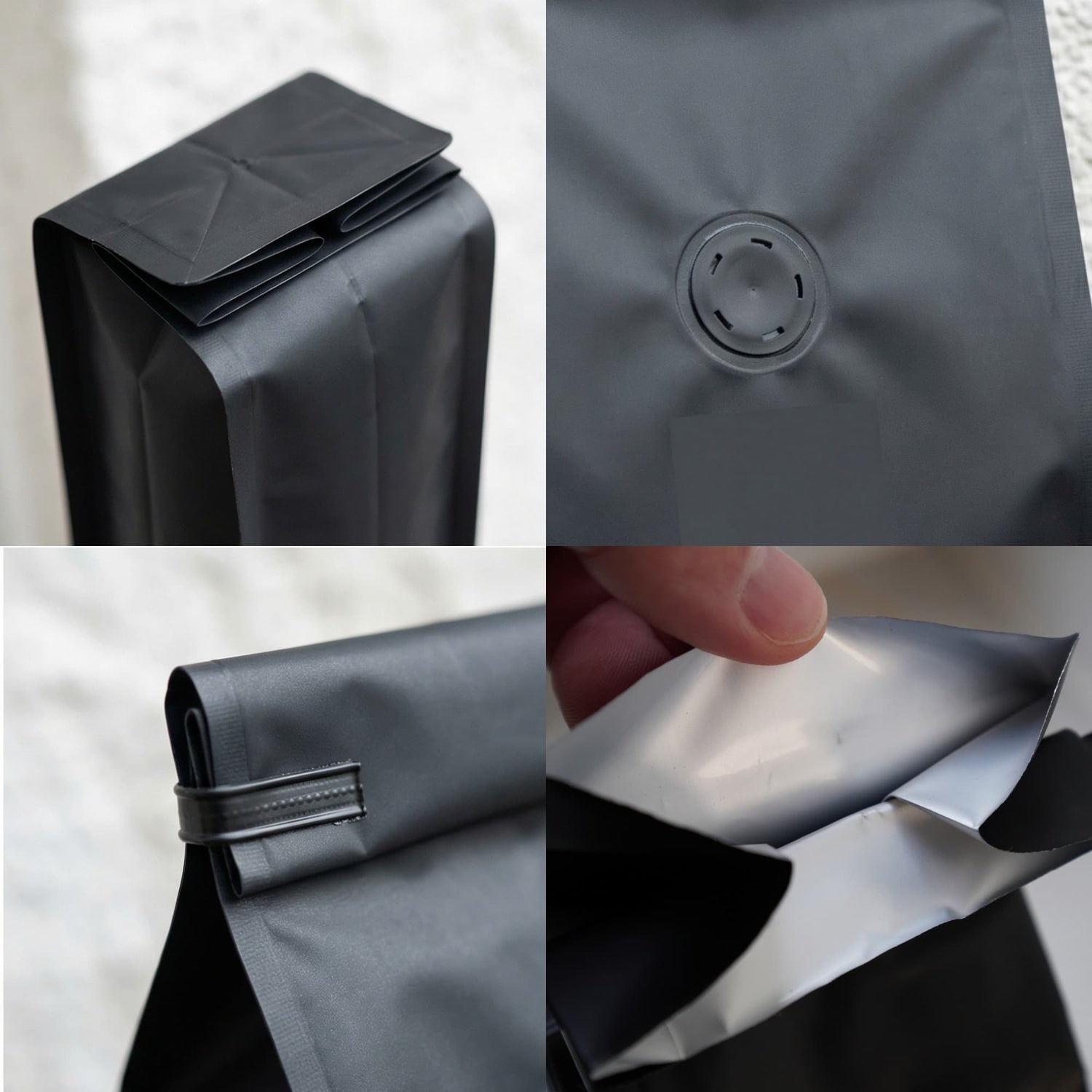 Collage of 4 macro product shots of a matte black coffee bag