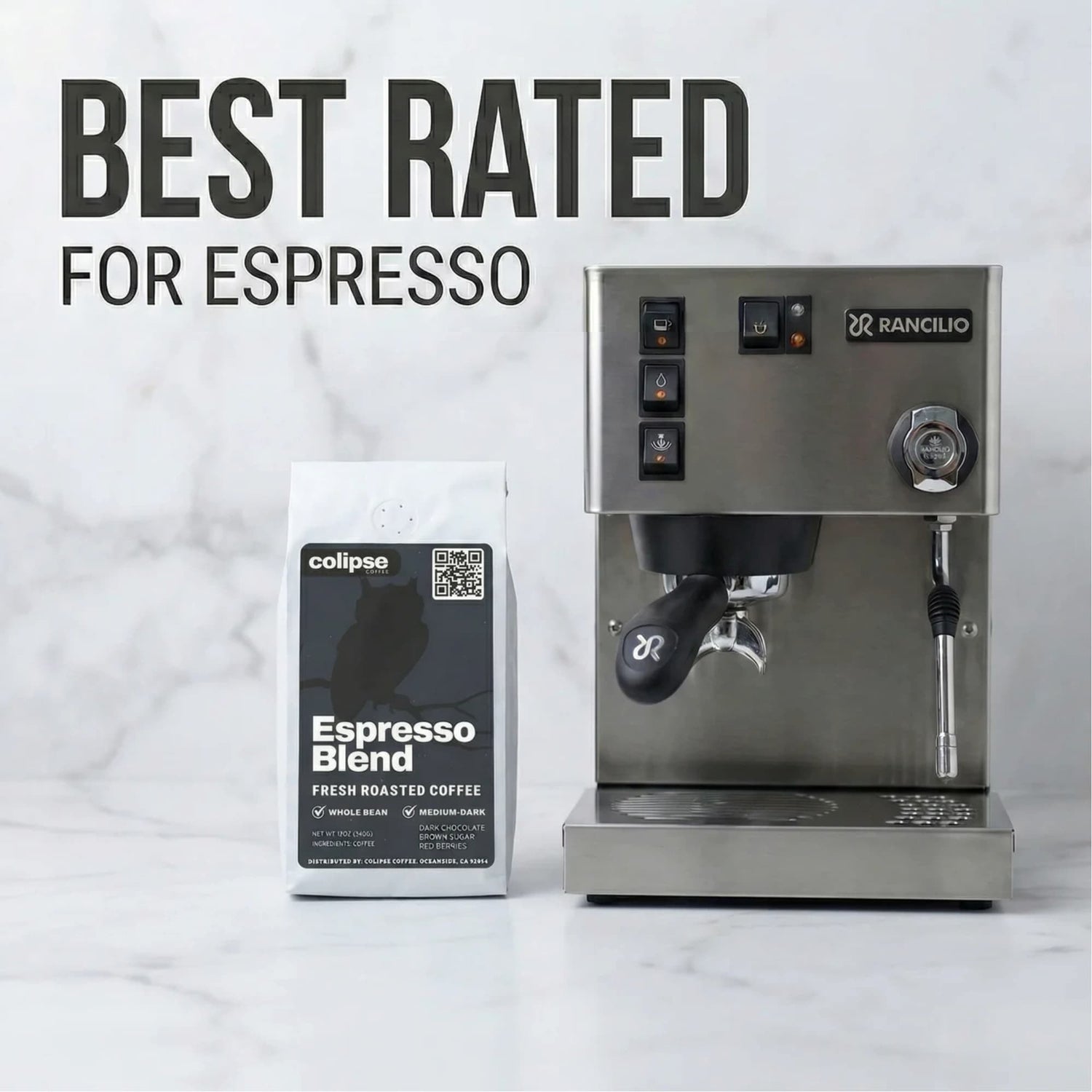 Espresso machine and coffee blend packaging with 'Best Rated for Espresso' text on a white background