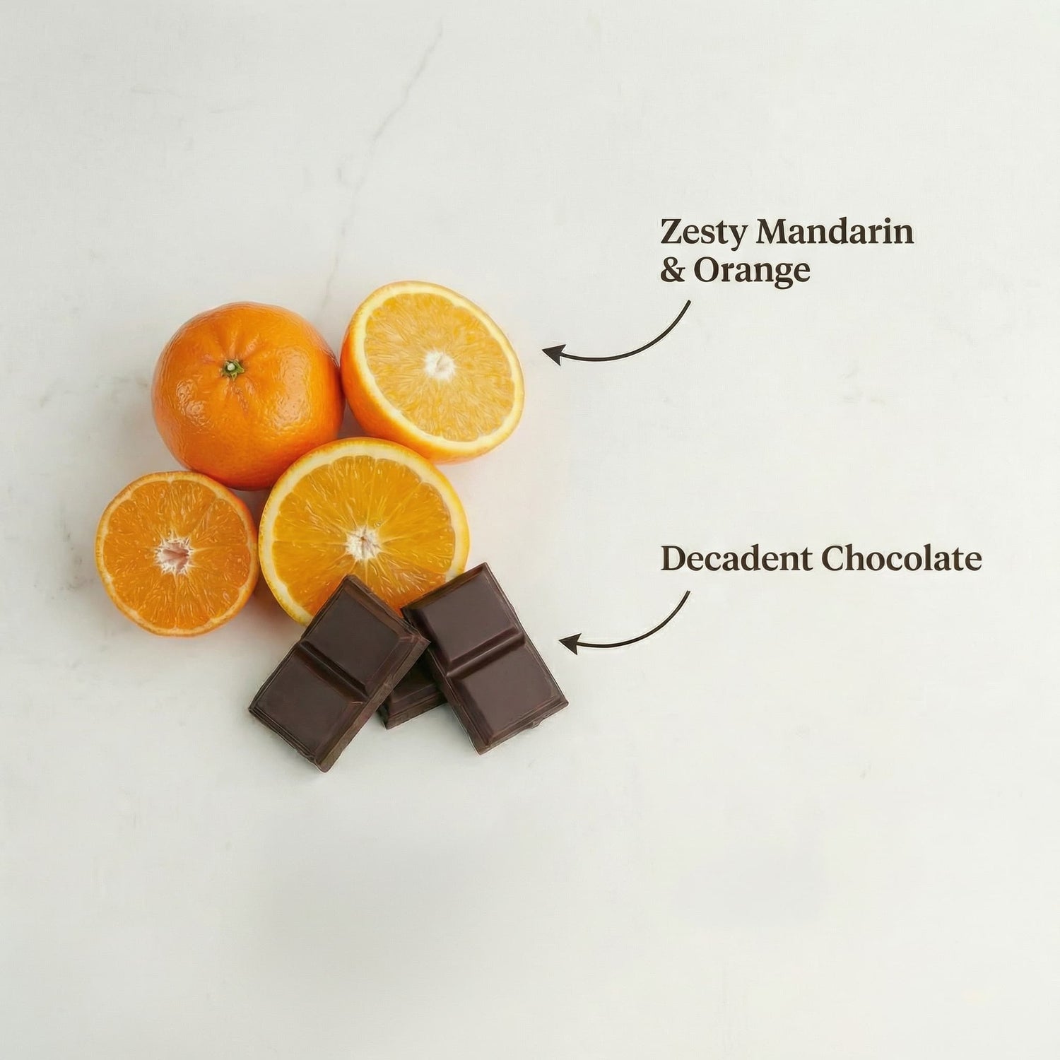 Oranges and chocolate bars on a white background with text indicating flavors.