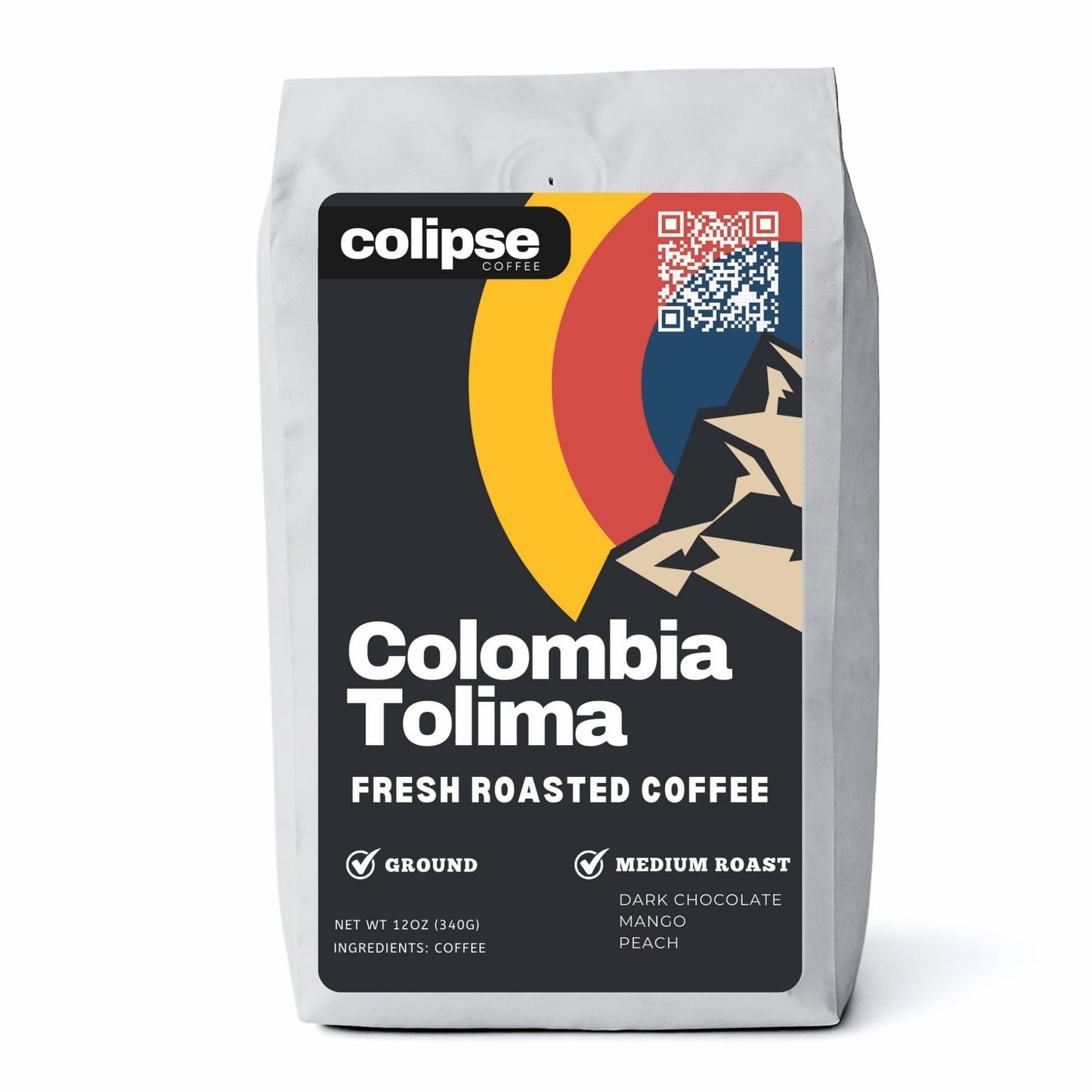 A bag of Colipse Colombia coffee grounds with balanced sweetness.