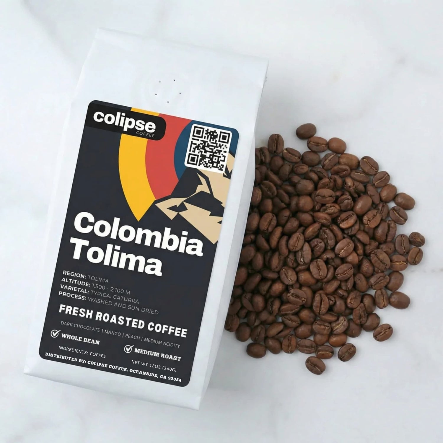 Colombia Tolima coffee beans with a Colipse branded package on a white background