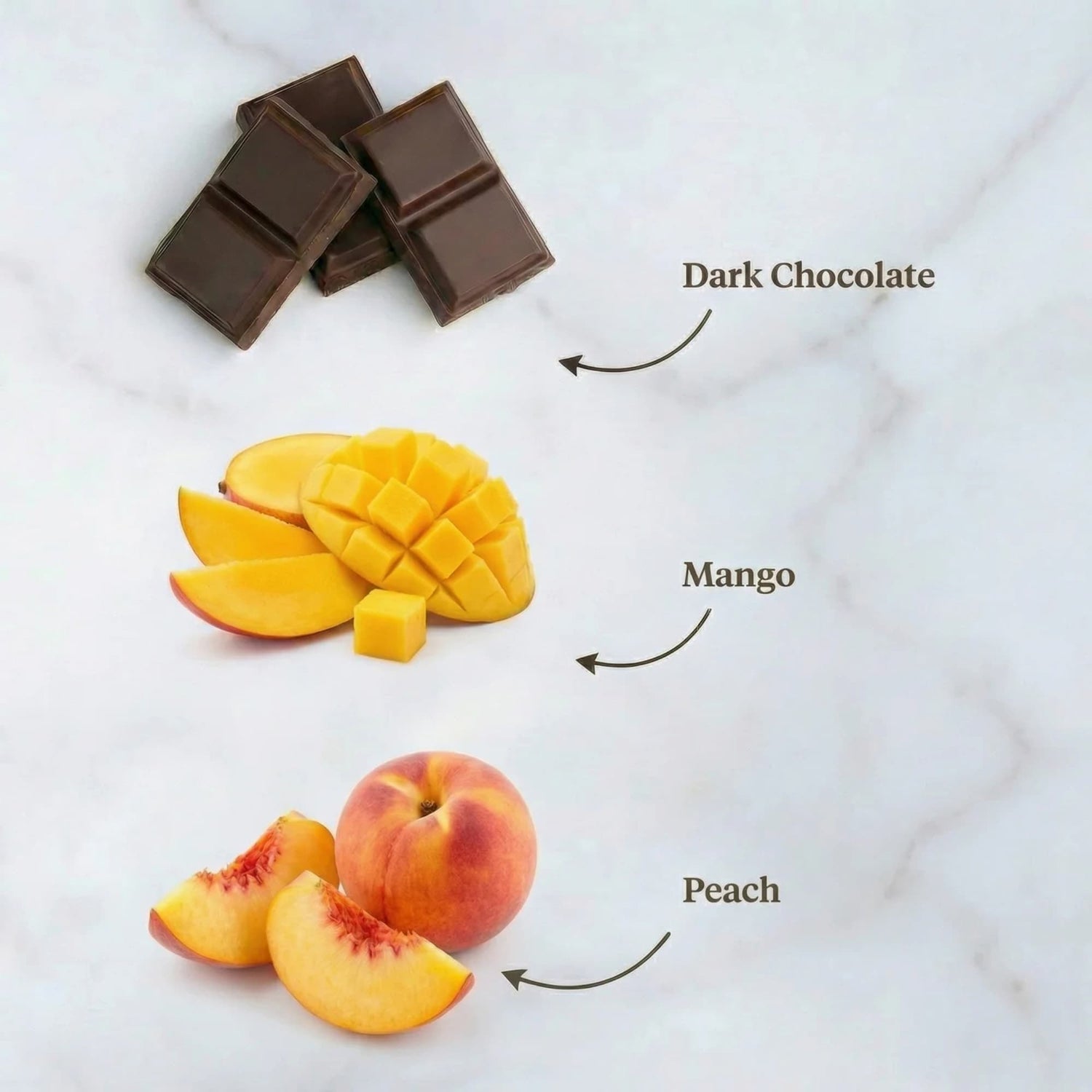Dark chocolate, mango, and peach on a marble surface with labels indicating the coffee flavor profile.