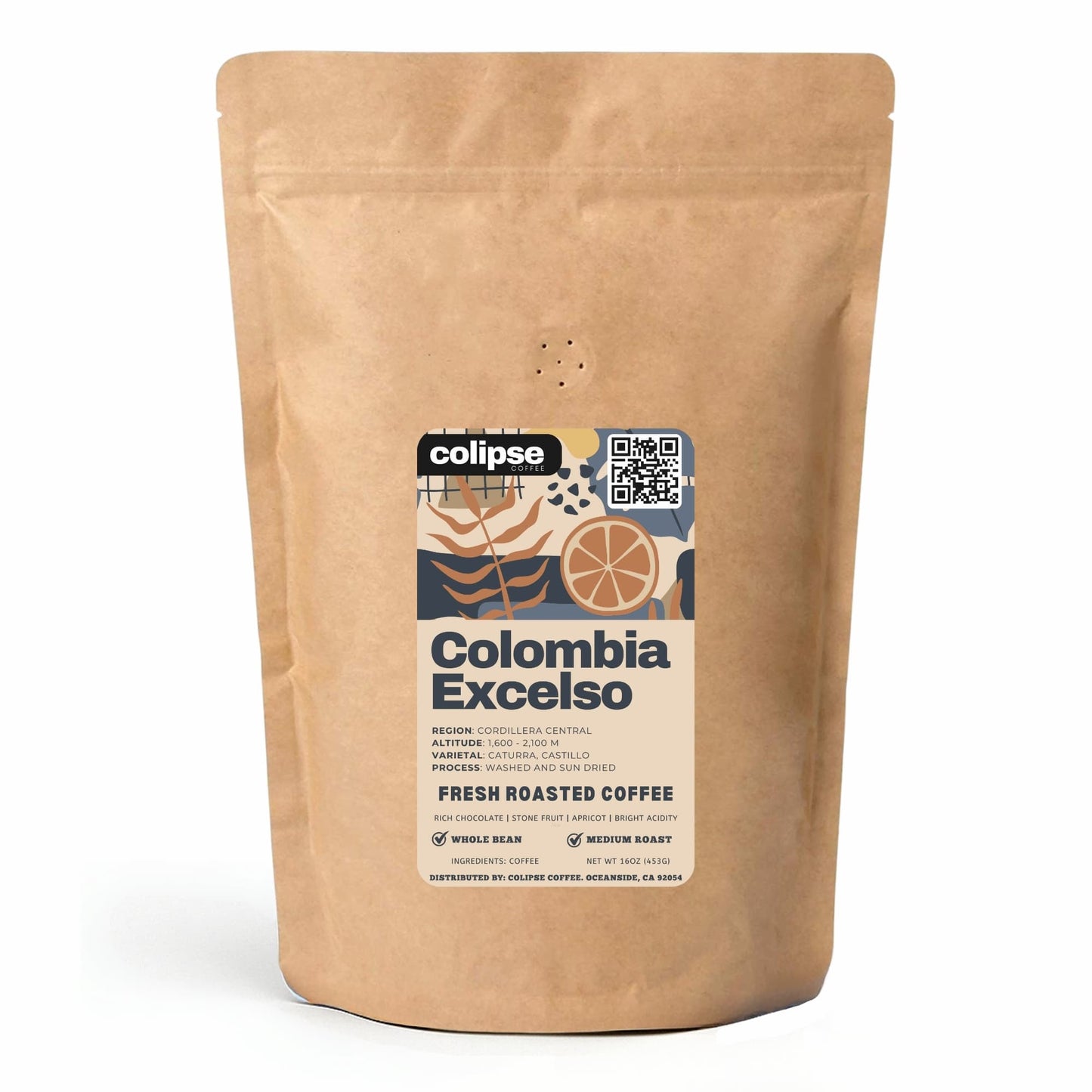 Coffee bag labeled 'Colombia Excelso' with a visible brand logo on a white background
