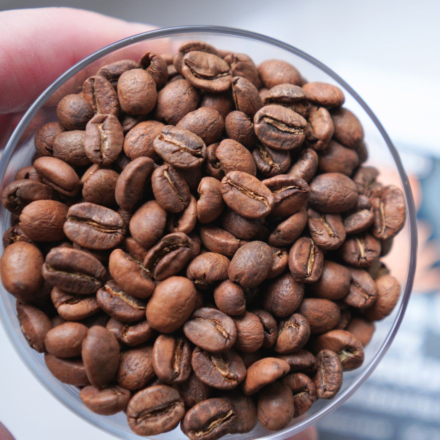 Close-up of coffee beans in a clear container held by a hand.