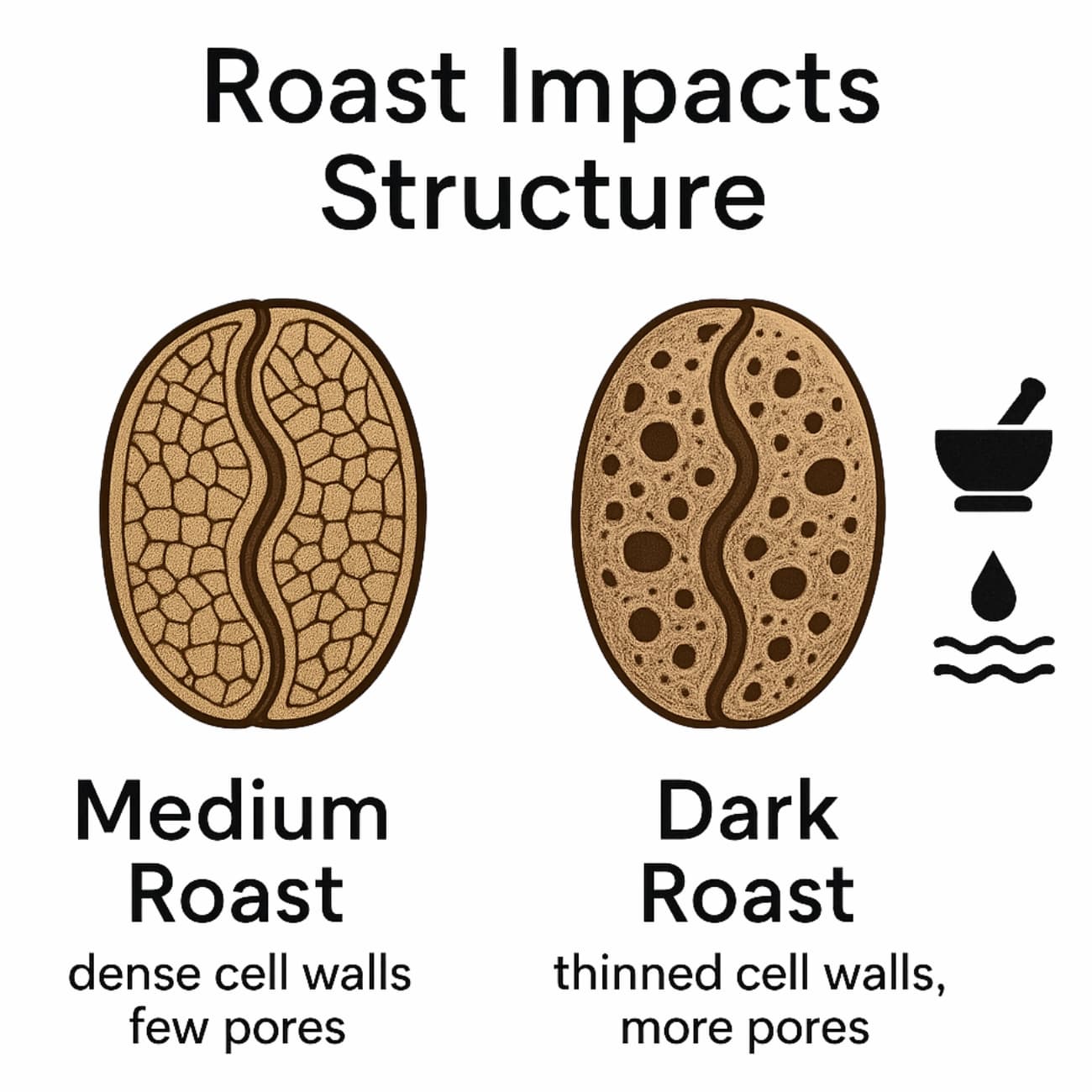 Diagram showing the difference between medium roast and dark roast coffee beans with text explaining cell wall thickness.