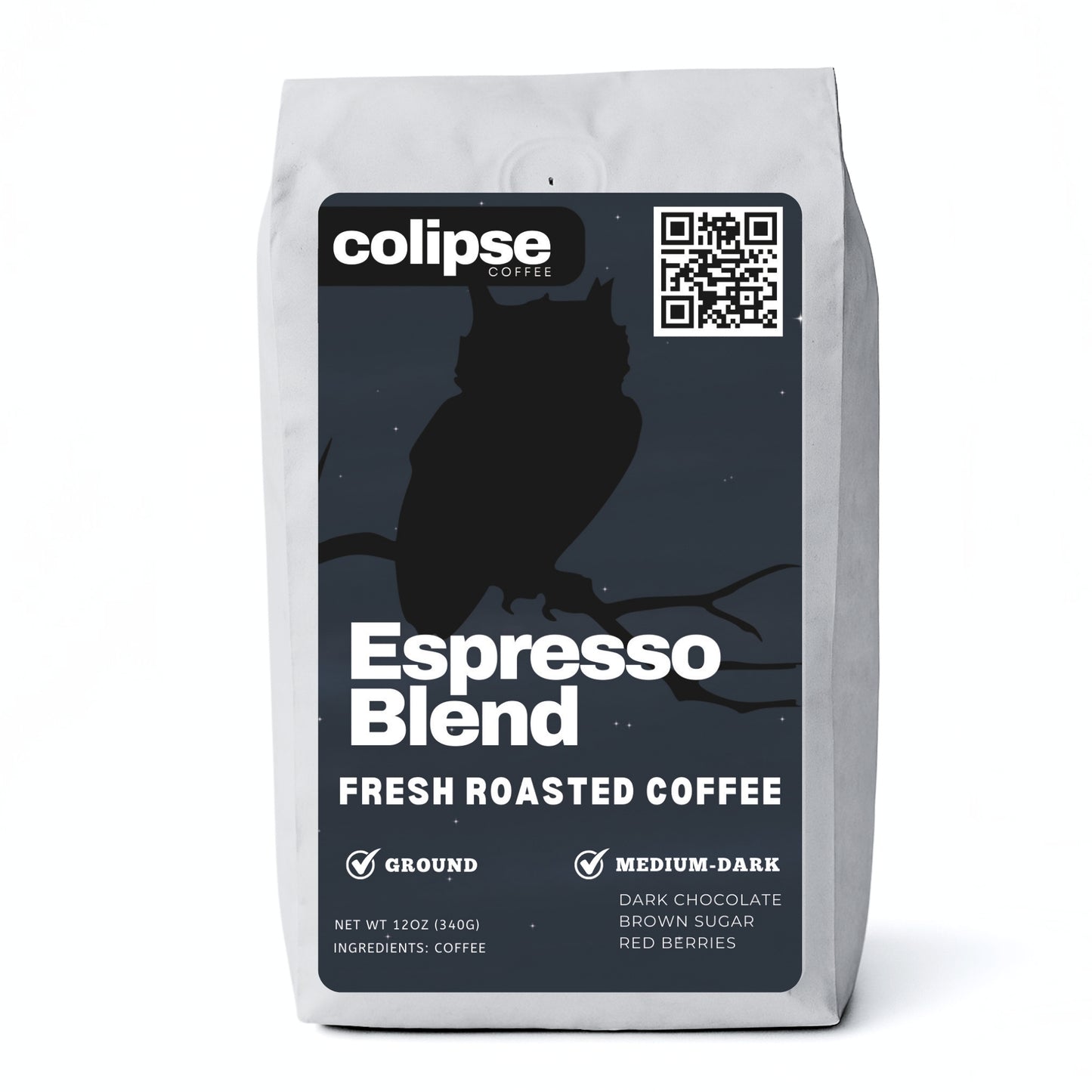 Colipse Espresso Blend coffee grounds bag with a rich, balanced espresso roast.