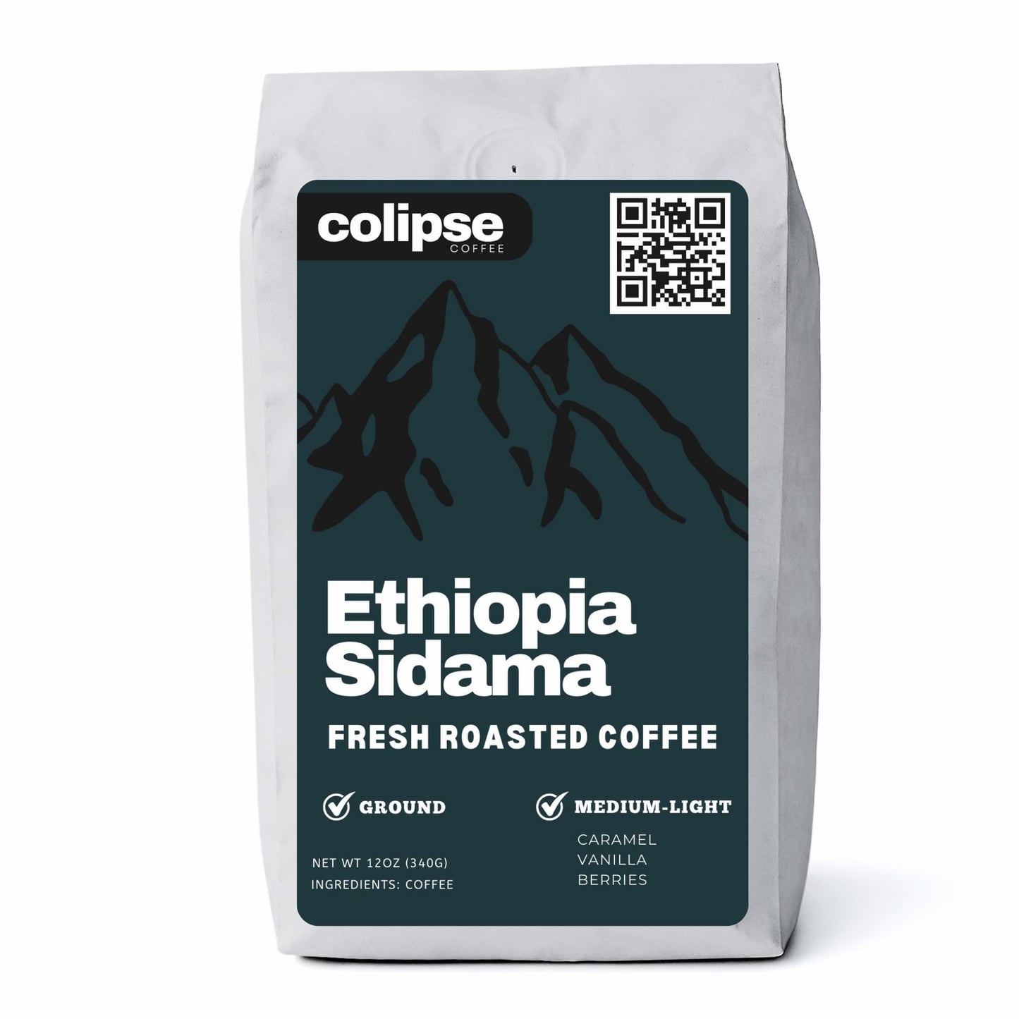 A bag of Colipse Ethiopia coffee grounds with floral and berry flavors.