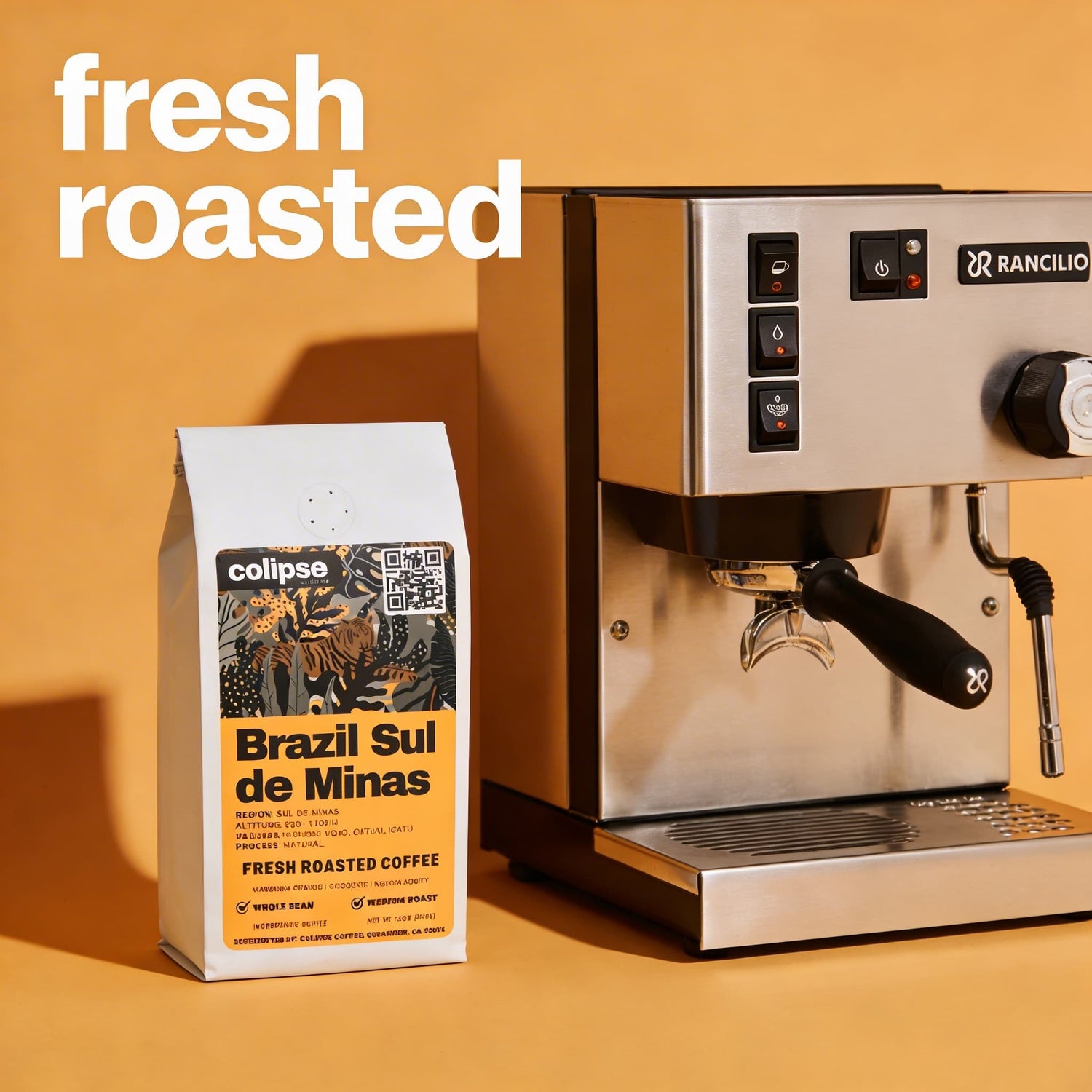 Espresso machine and bag of coffee labeled 'Brazil Sul de Minas' on an orange background with 'fresh roasted' text.