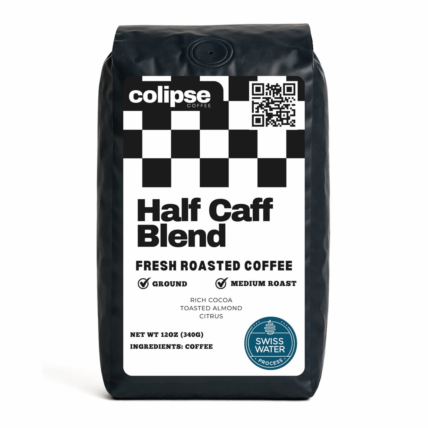 Colipse Half Caff coffee grounds, smooth with moderate caffeine.