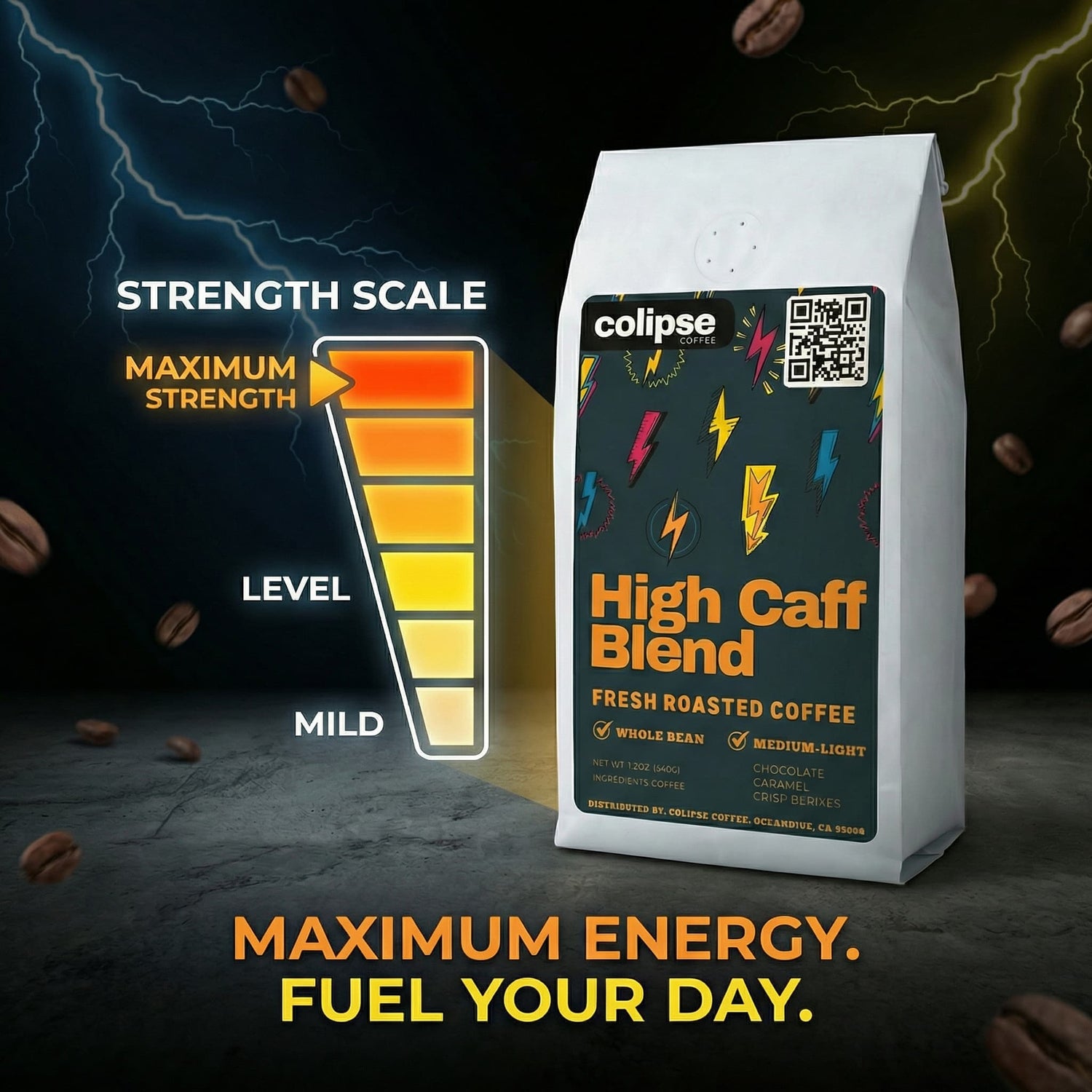 Colipse Coffee High Caff Blend package with strength scale and coffee beans on a dark background
