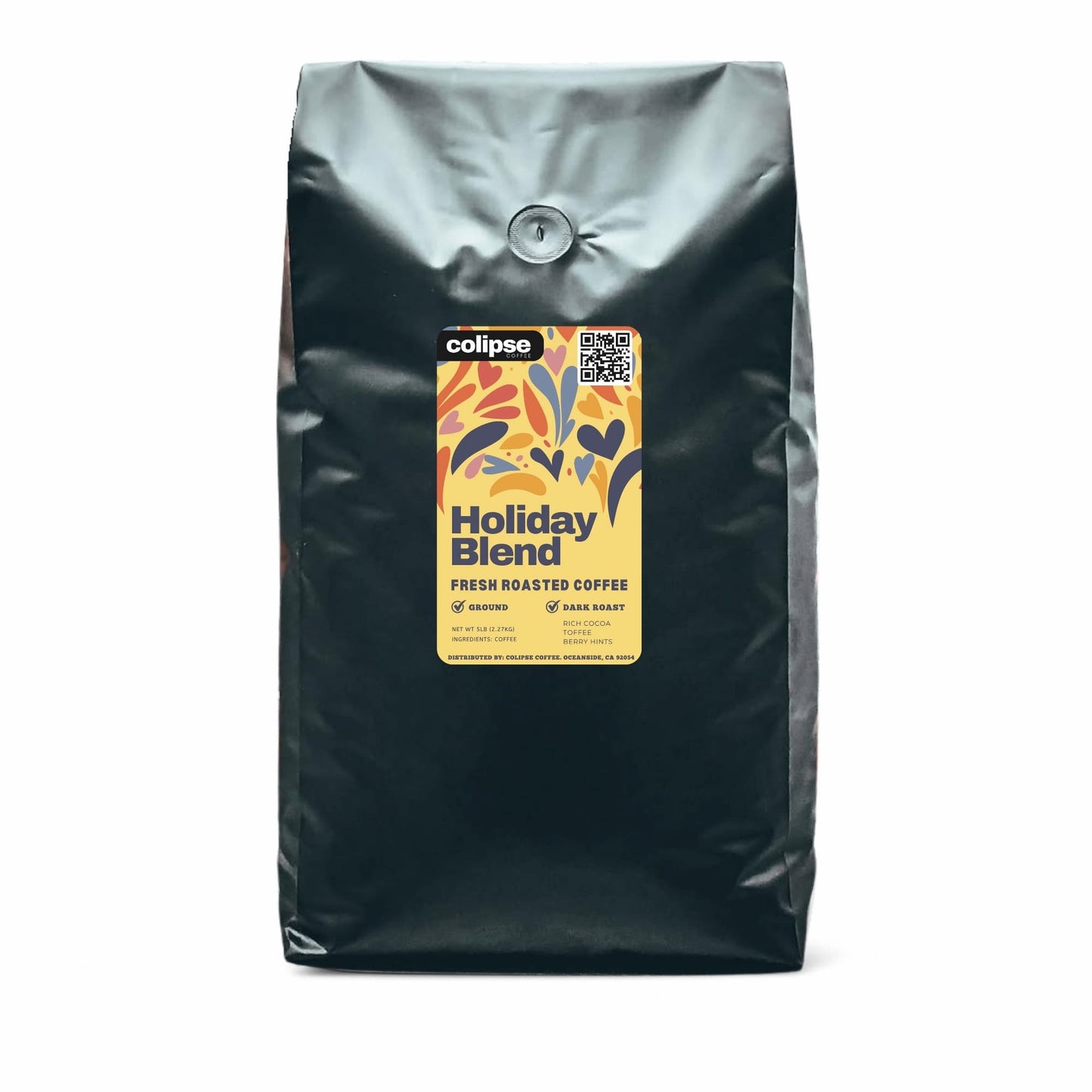 Black coffee bag with a colorful label on a white background