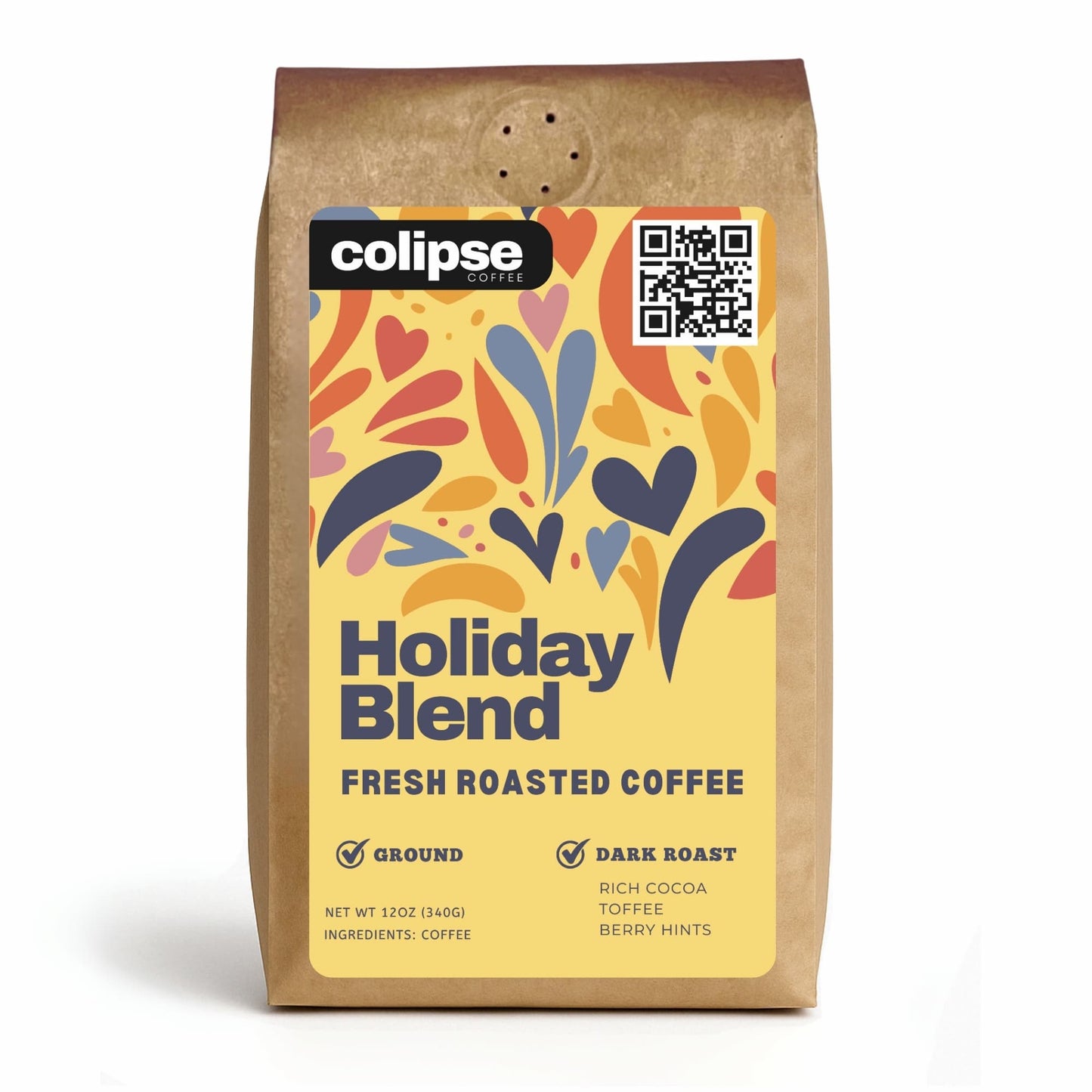 Colipse Holiday Blend coffee grounds bag with rich, seasonal flavors.