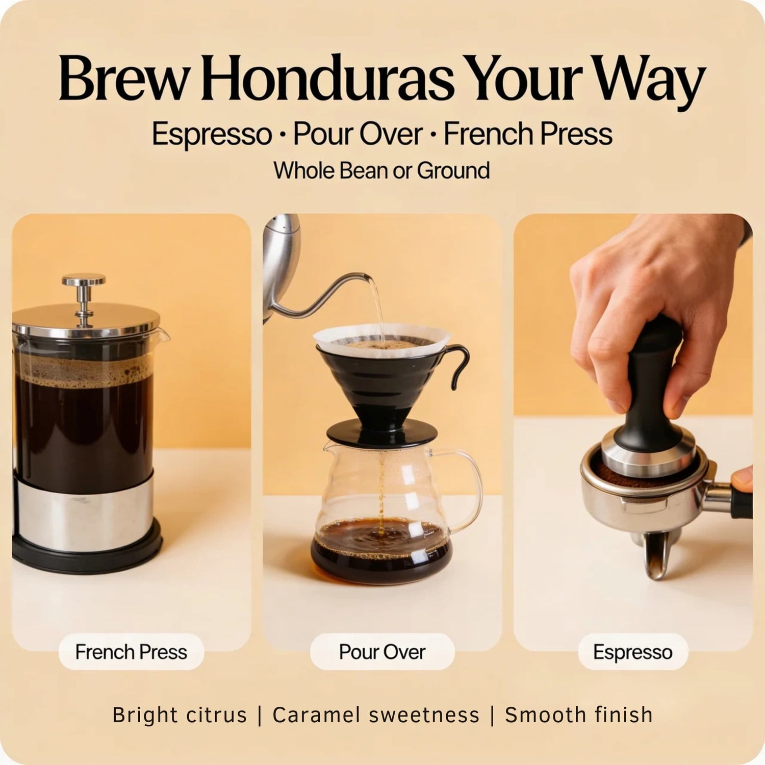 Three coffee brewing methods with text on a beige background