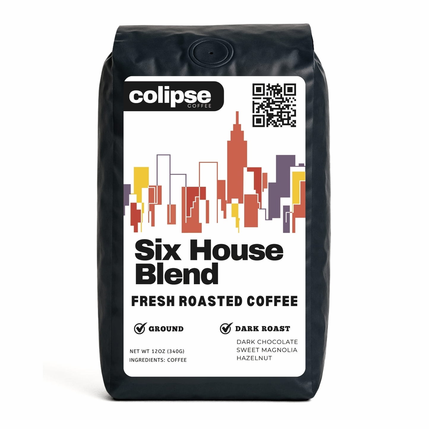 A bag of Colipse House Blend coffee grounds, smooth and well-rounded.