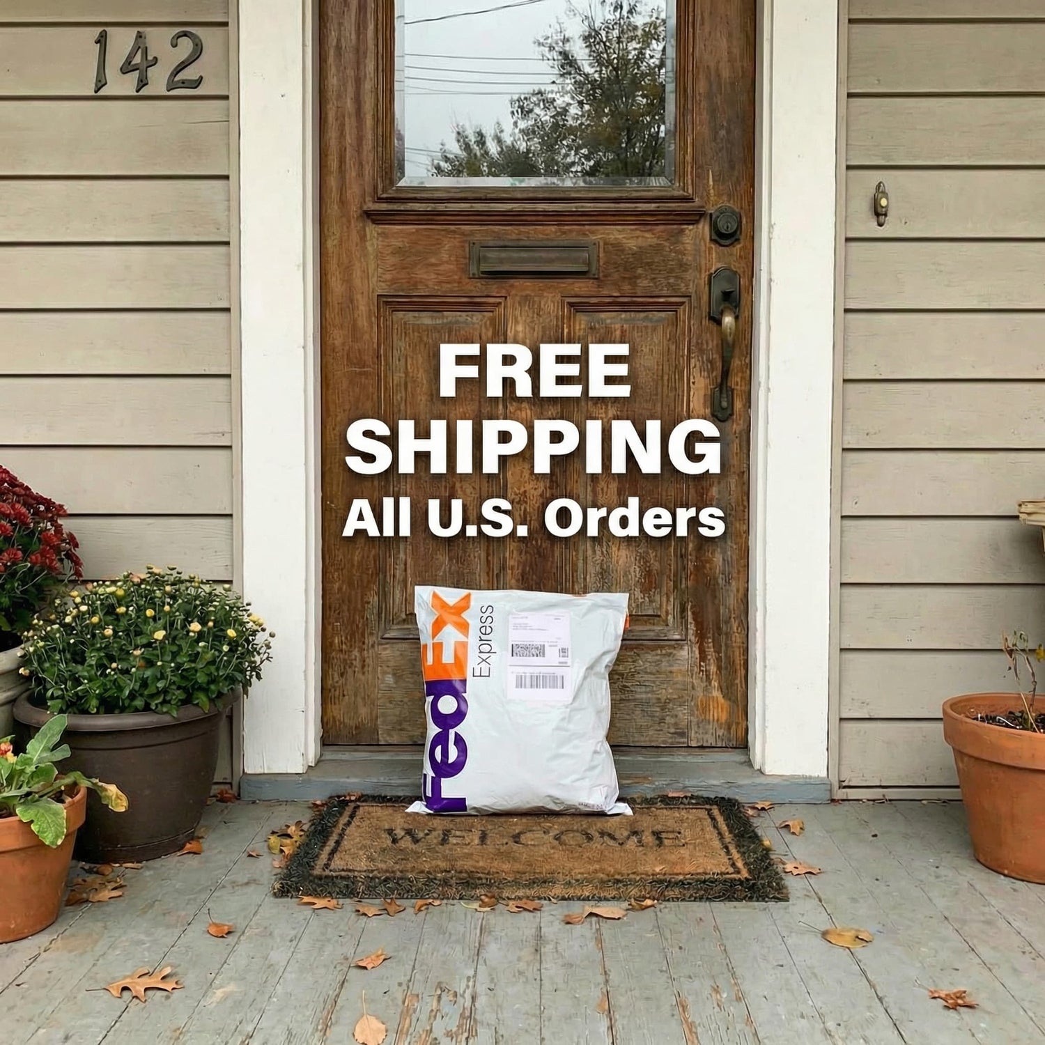 Front door with a package on a welcome mat and text overlay for free shipping.
