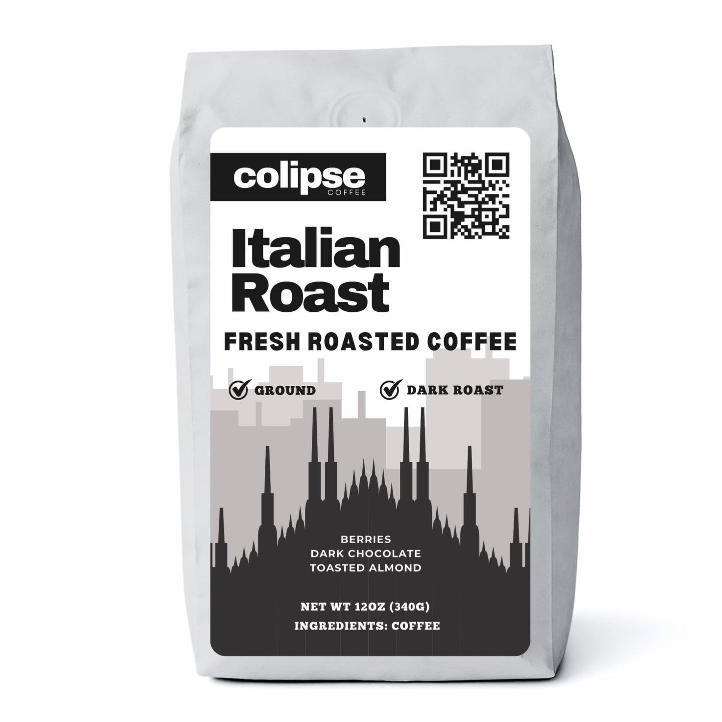 A bag of Colipse Italian Roast coffee grounds, rich and dark.