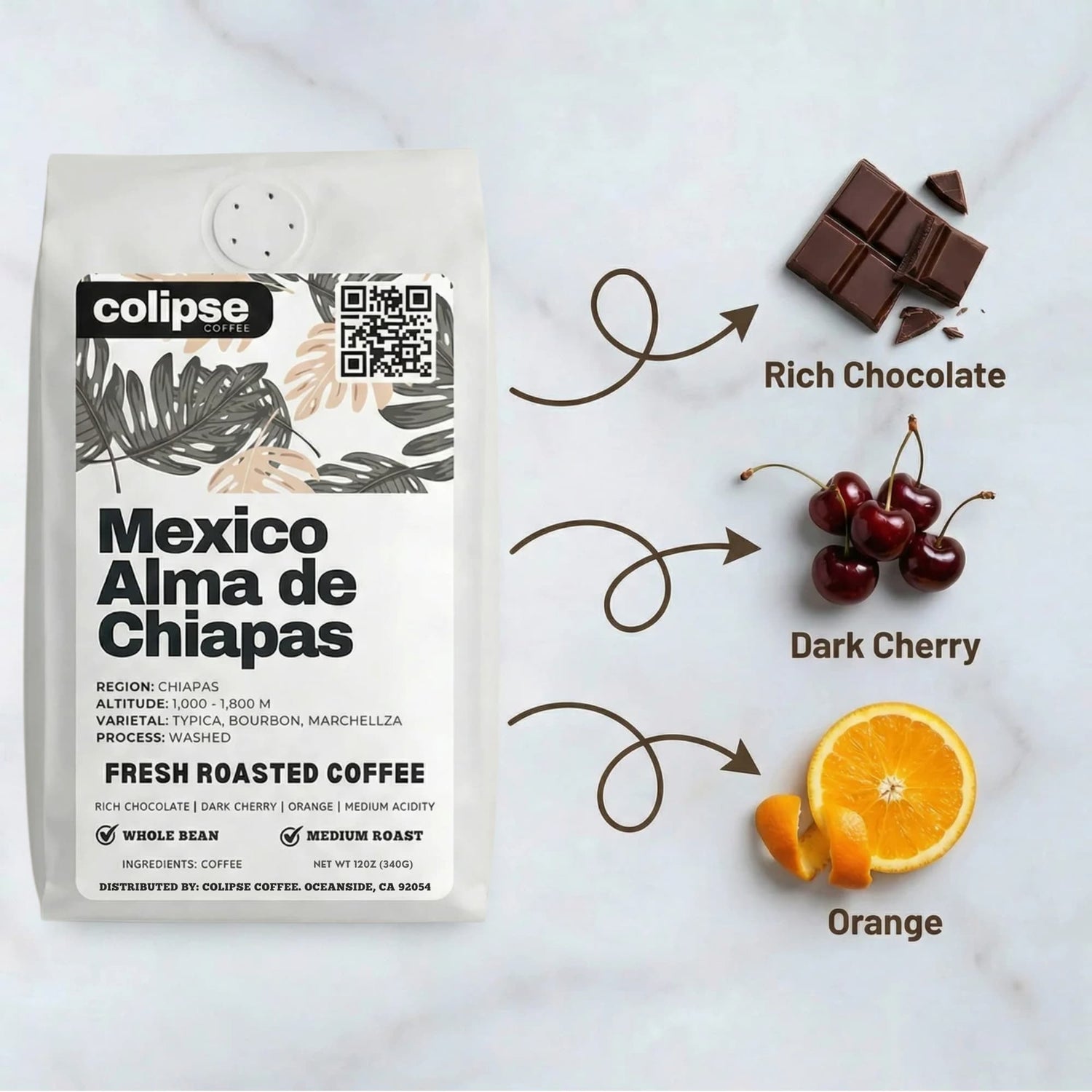 Colipse coffee bag with flavor notes of rich chocolate, dark cherry, and orange on a white background