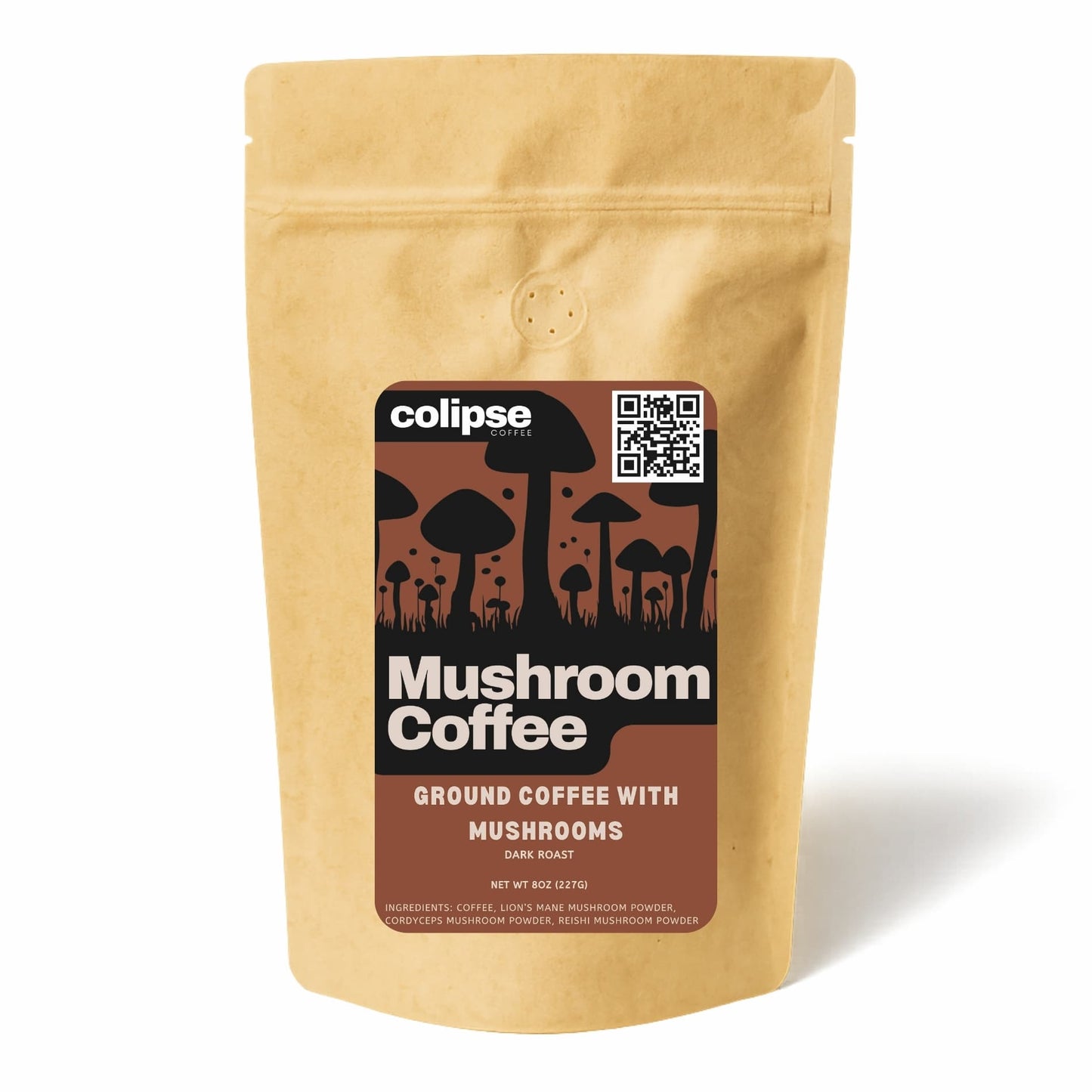 Kraft paper coffee package with 'colipse' branding and mushroom design on a white background
