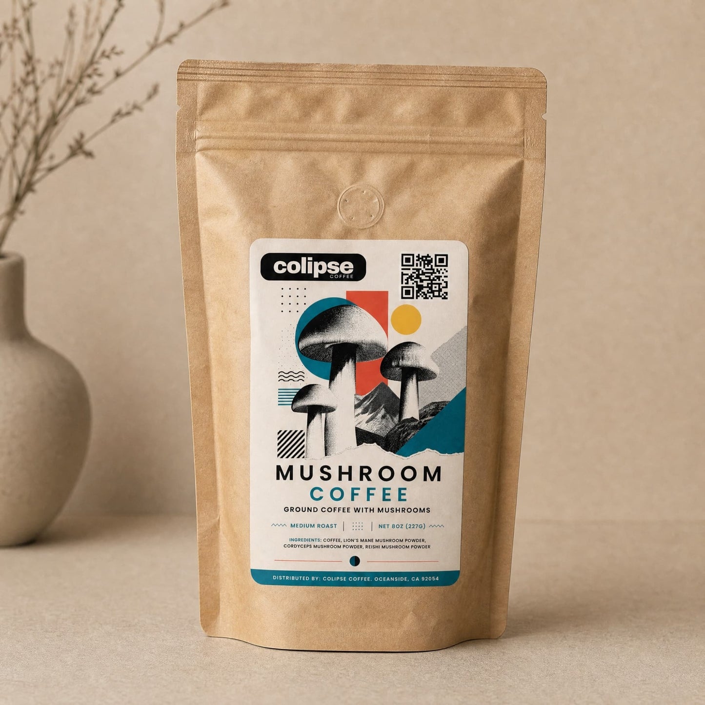 Kraft paper coffee package with 'colipse' branding and mushroom design on a white background