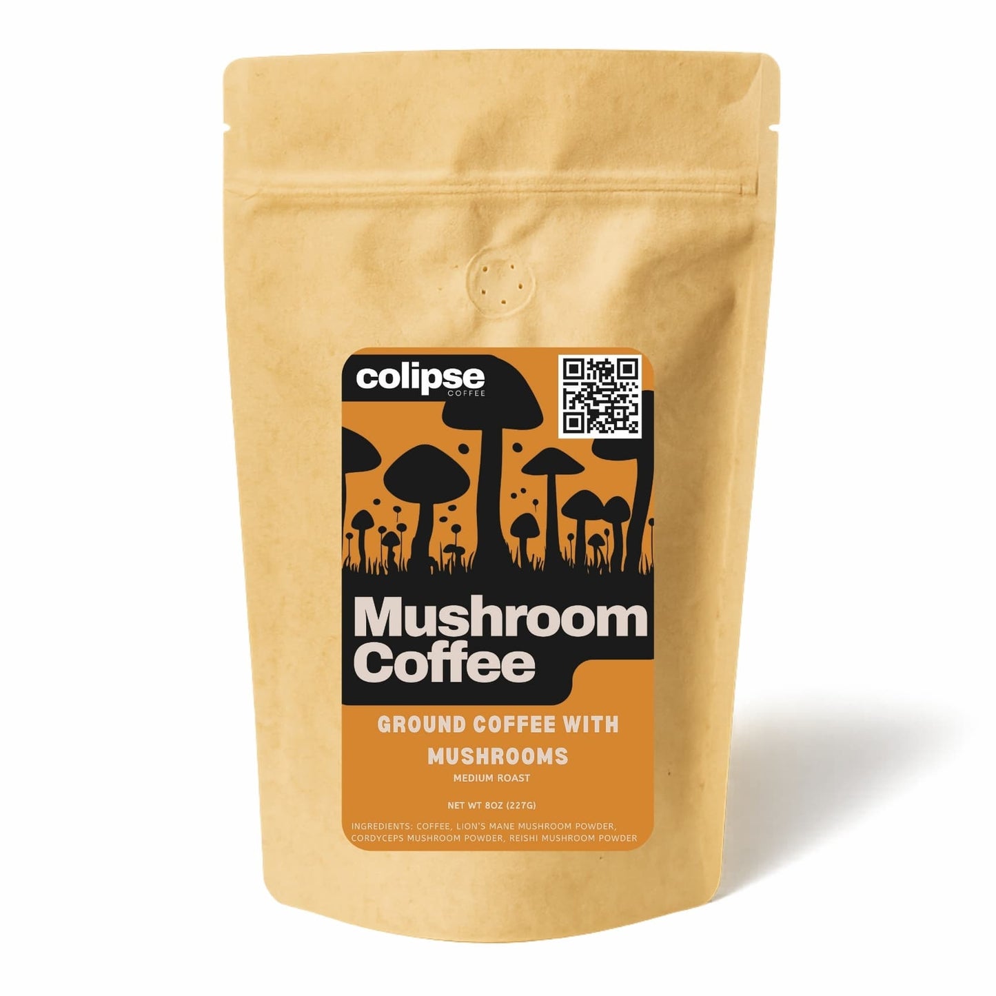Kraft paper package of Colipse Mushroom Coffee on a white background