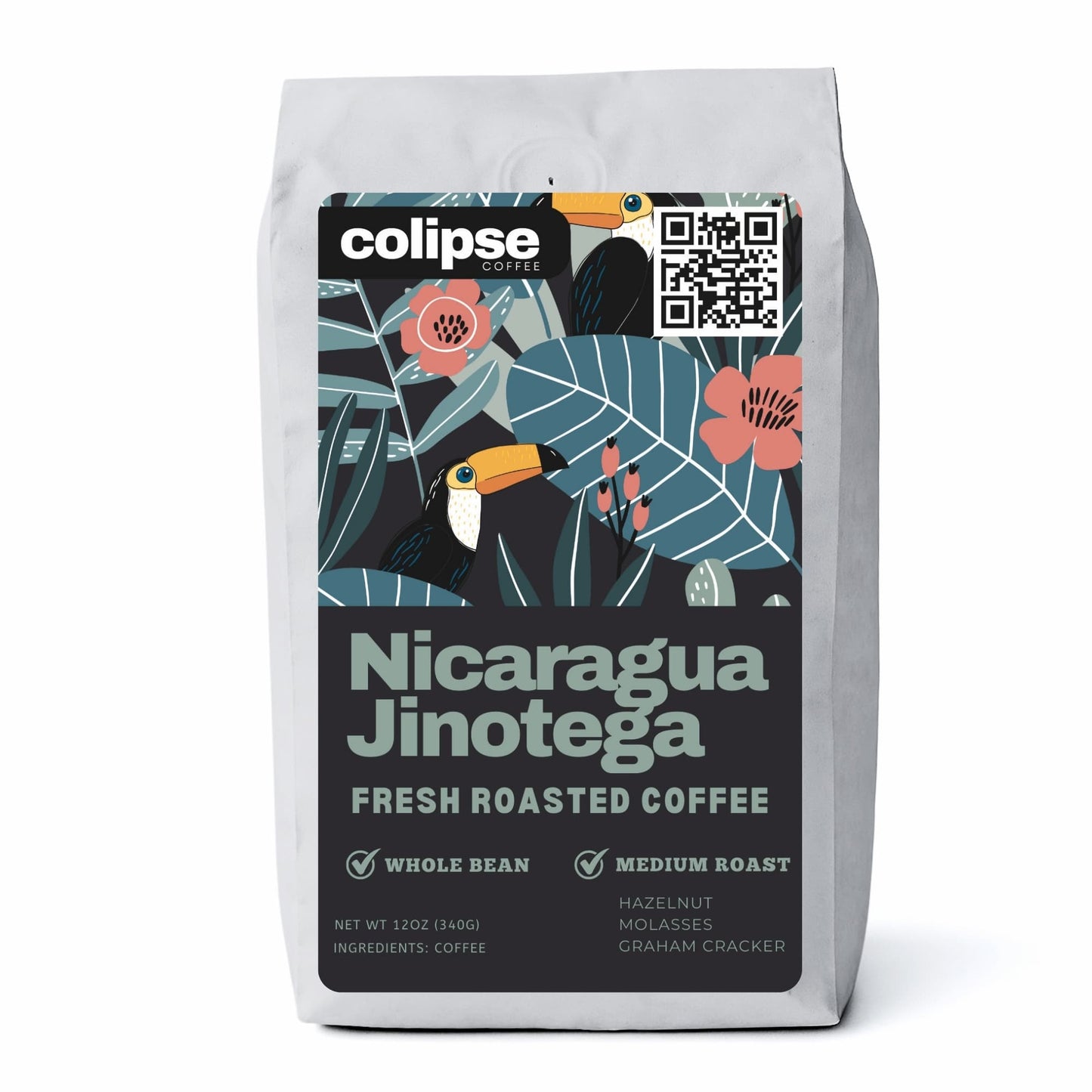 Colipse Nicaragua whole bean coffee bag with chocolate and nutty undertones.