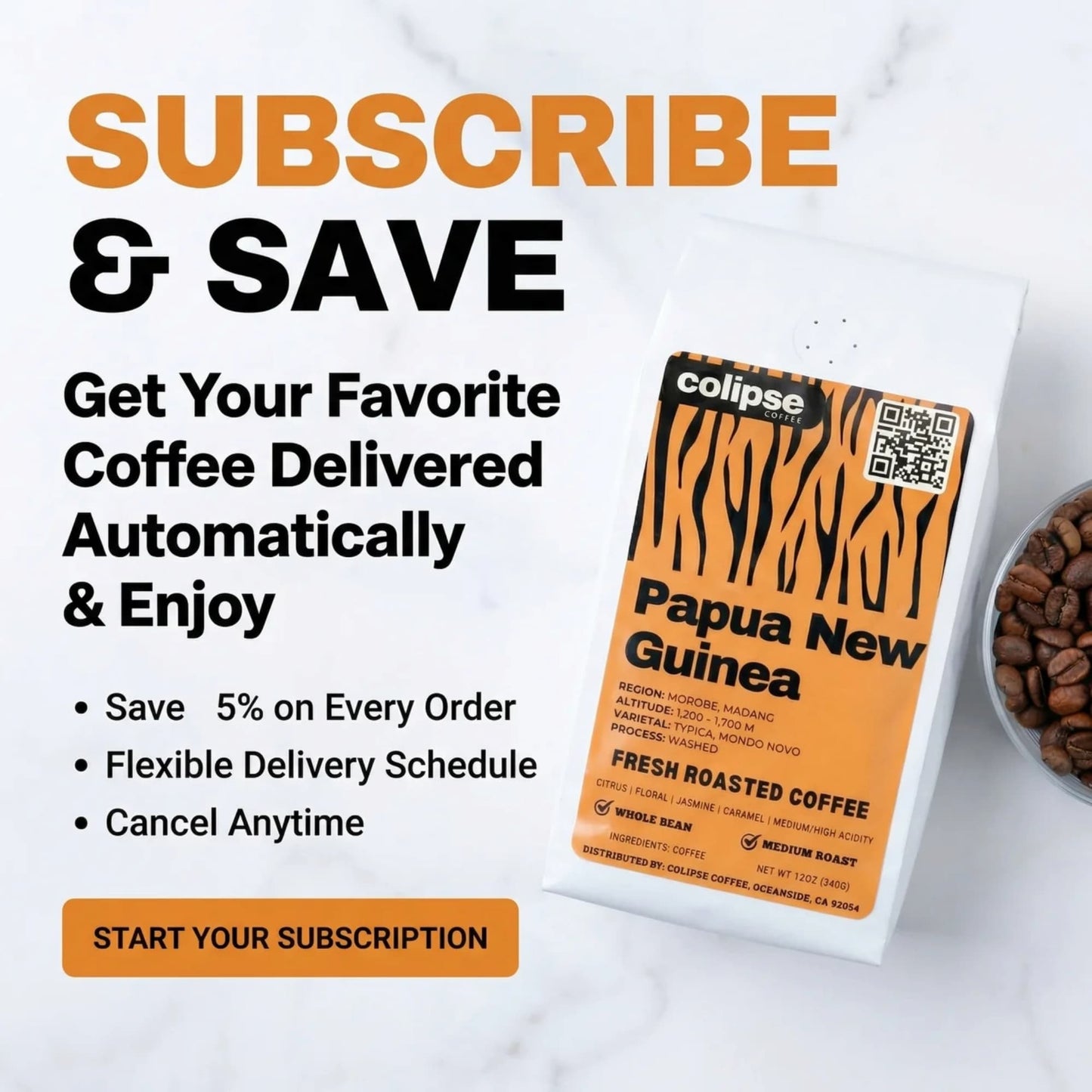 Advertisement for a coffee subscription service with a coffee bag labeled 'Papua New Guinea' on a white background.