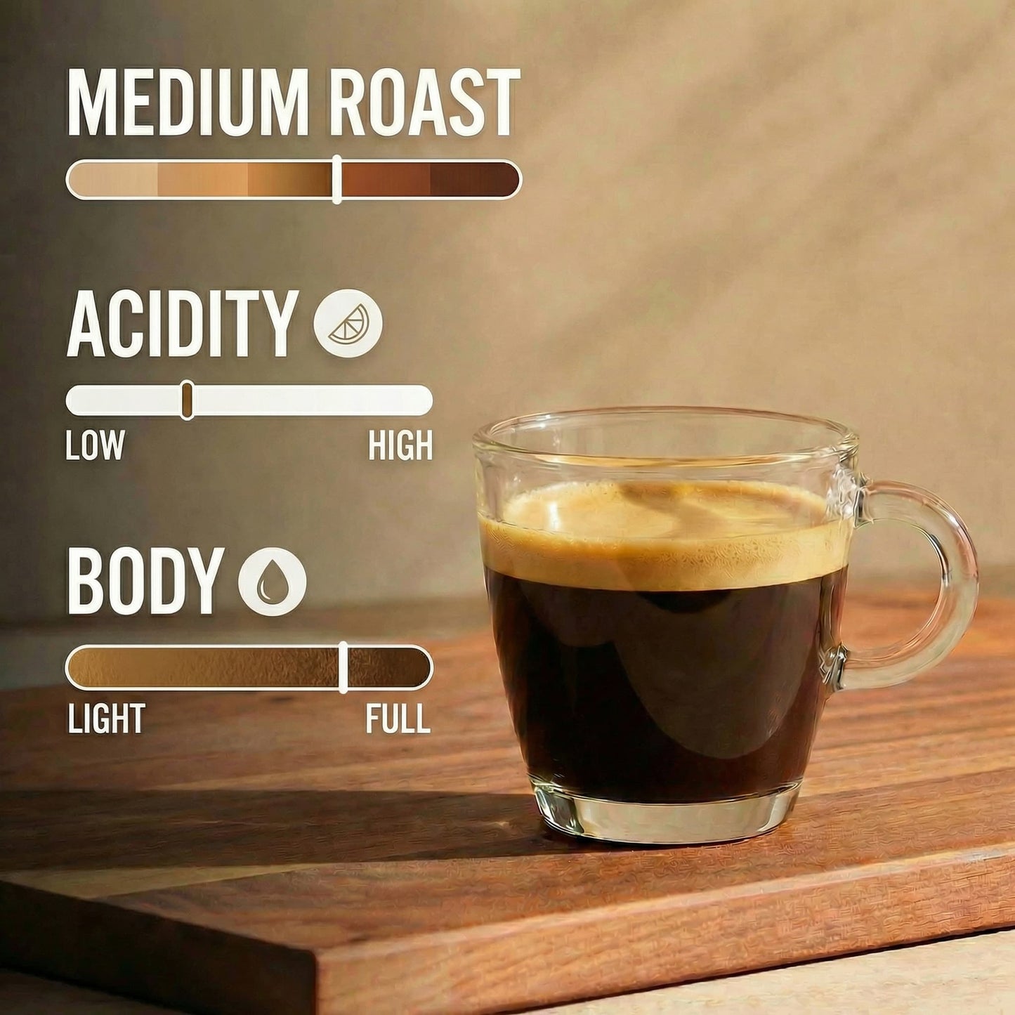 Glass of medium roast coffee with flavor profile indicators on a wooden surface