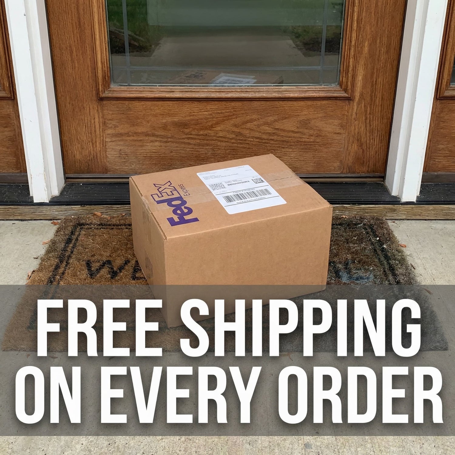 FedEx box on a doormat with 'Free Shipping On Every Order' text overlay
