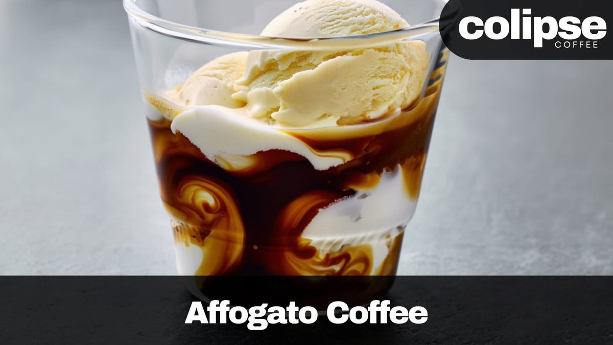 Glass of affogato coffee with ice cream on a gray background, featuring the Colipisce Coffee logo.