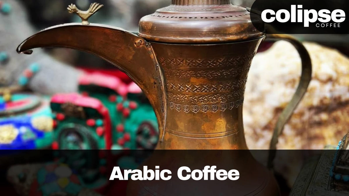 Bronze Arabic coffee pot with 'colipsee Coffee' branding and 'Arabic Coffee' text.