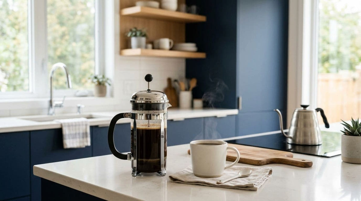 Kitchen counter with a French press, mug, and kettle.