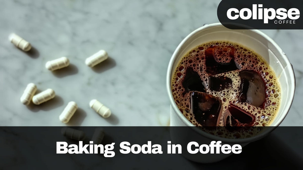 Baking soda capsules near a cup of coffee with 'colipse Coffee' branding.