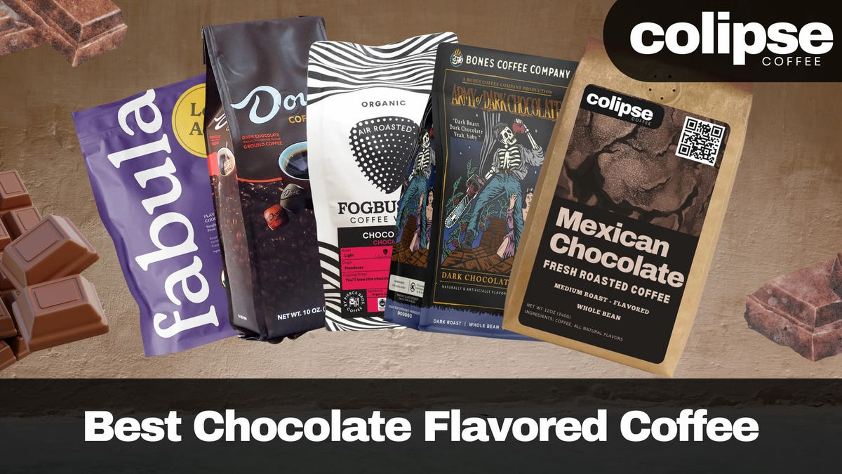 Collection of chocolate-flavored coffee packages with visible Colipse Coffee branding on a brown background.