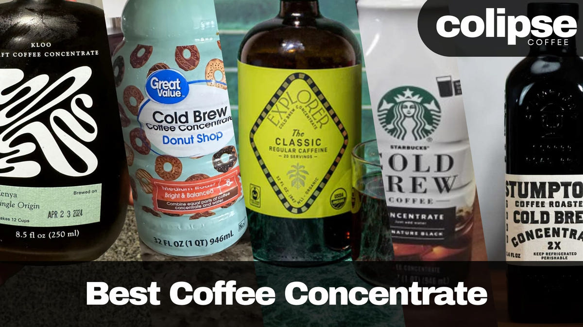 Collection of coffee concentrate bottles with various brands and labels on a dark background.