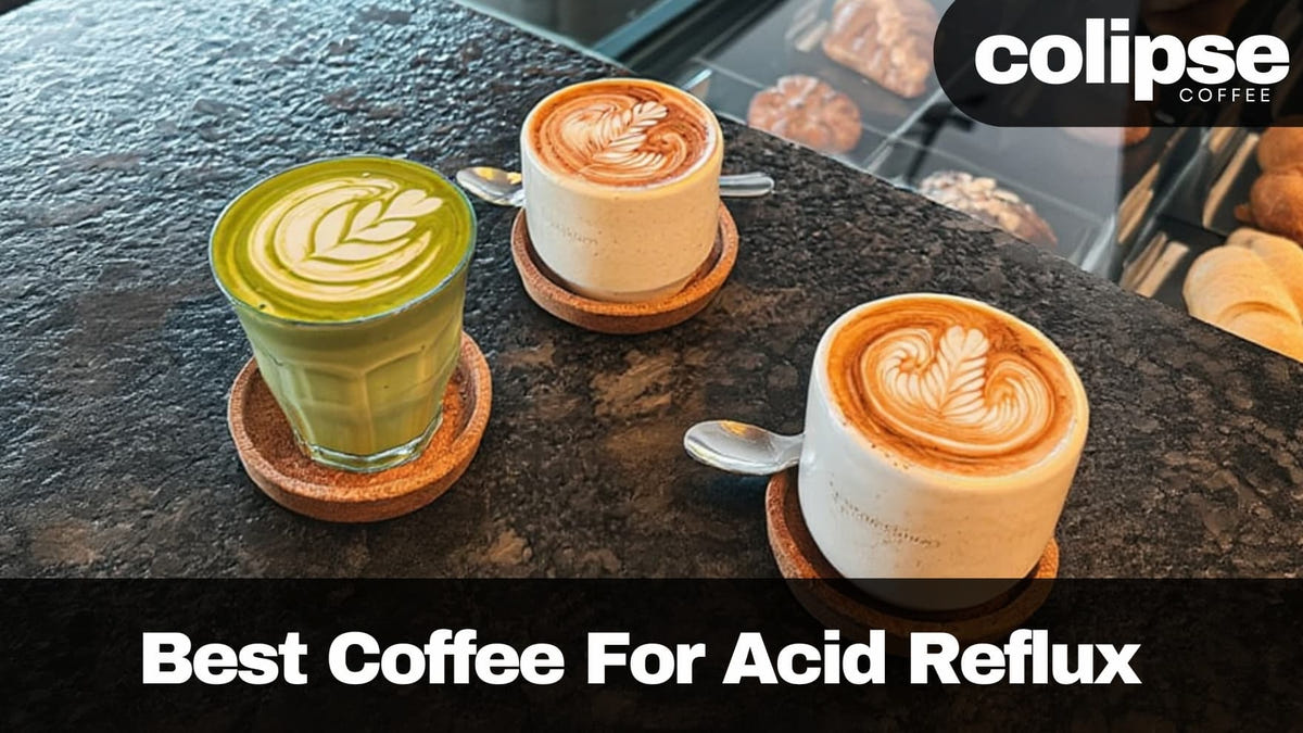 Three cups of coffee with latte art on a dark surface, featuring the Colipse Coffee brand.