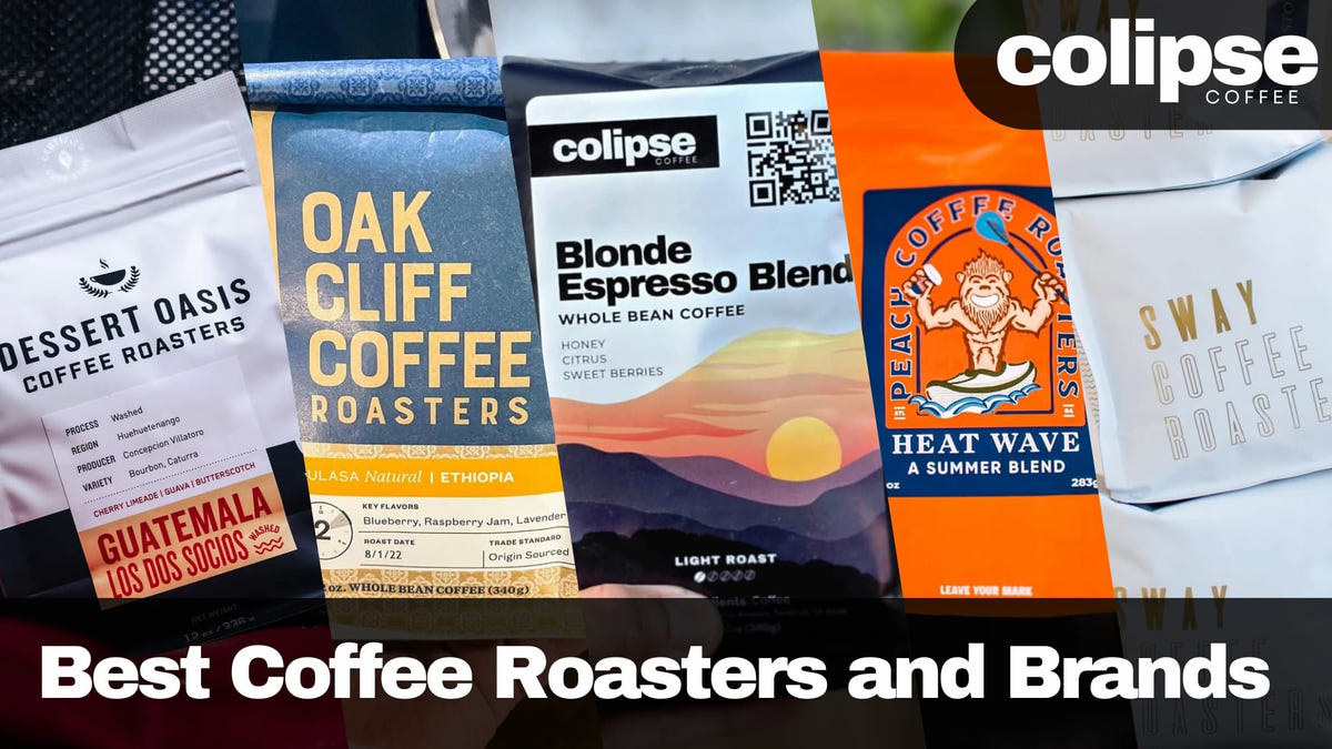Collection of coffee roaster packages with 'Colipse Coffee' branding.