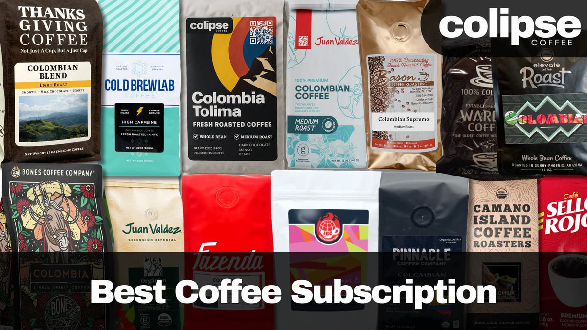 Collection of various coffee packages with brand names displayed against a black background.