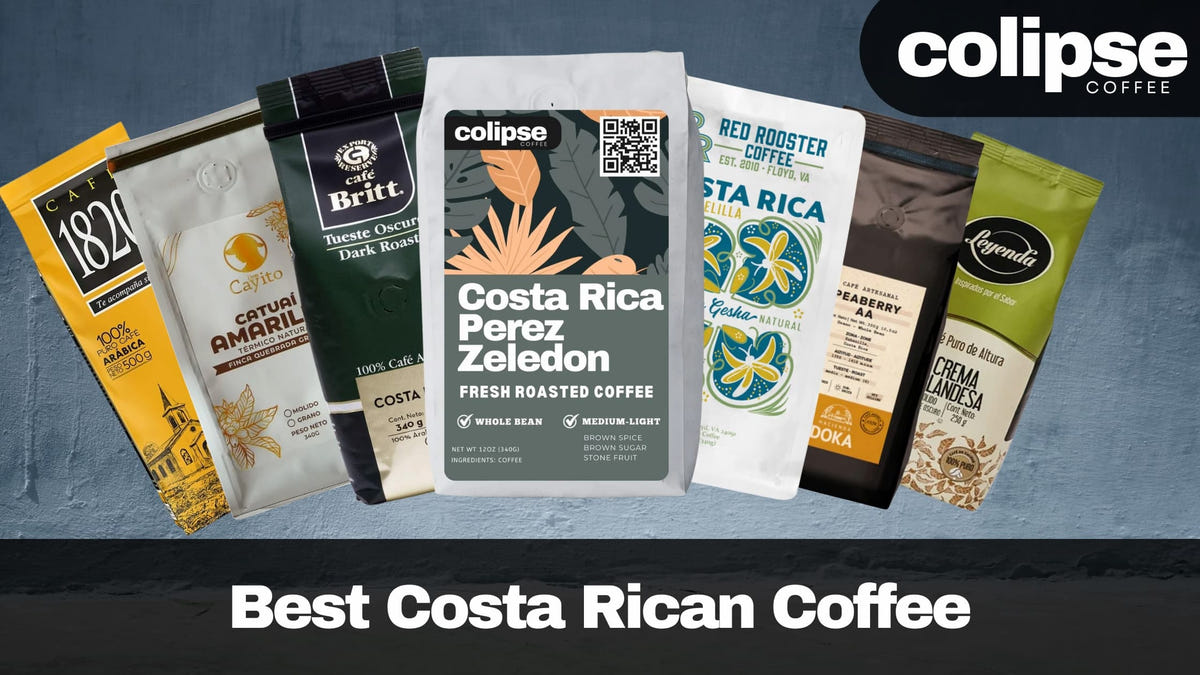 Collection of Costa Rican Coffee packages with a visible 'colipse coffee' brand on a dark background.