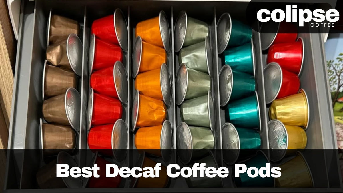 Colipse Coffee Best Decaf Coffee Pods with colorful pods in a drawer.