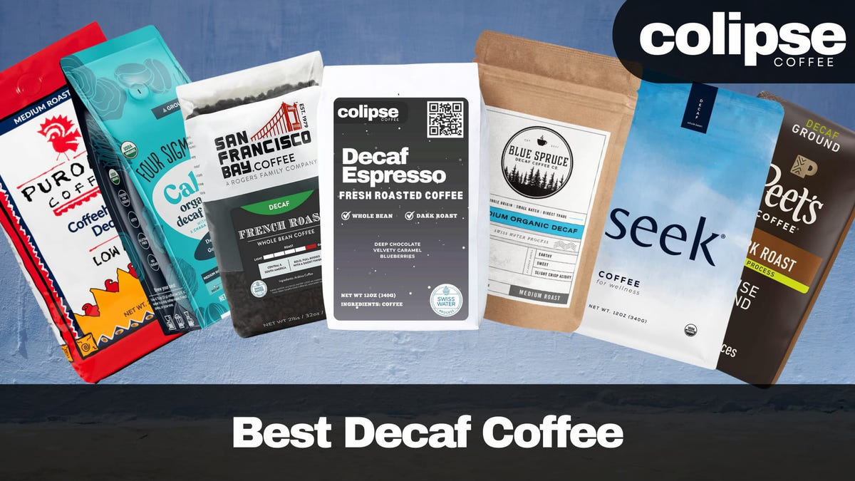 Collection of various decaf coffee packages with Colipse branding on a blue gradient background